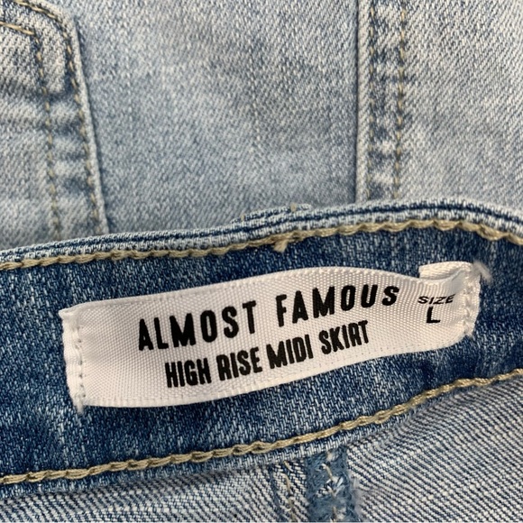 Almost Famous Denim Skirt Large Mid Rise Midi Blue Light Wash Front Slit Western - Picture 7 of 10
